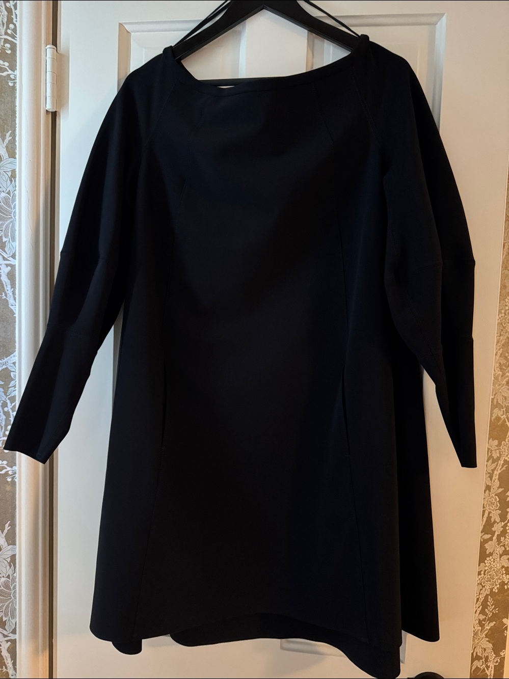 Maria Pinto Black Long Puff Sleeve Boatneck Trapeze Dress